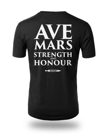 Mars The Vengeful Strength and Honour black t-shirt left chest white design