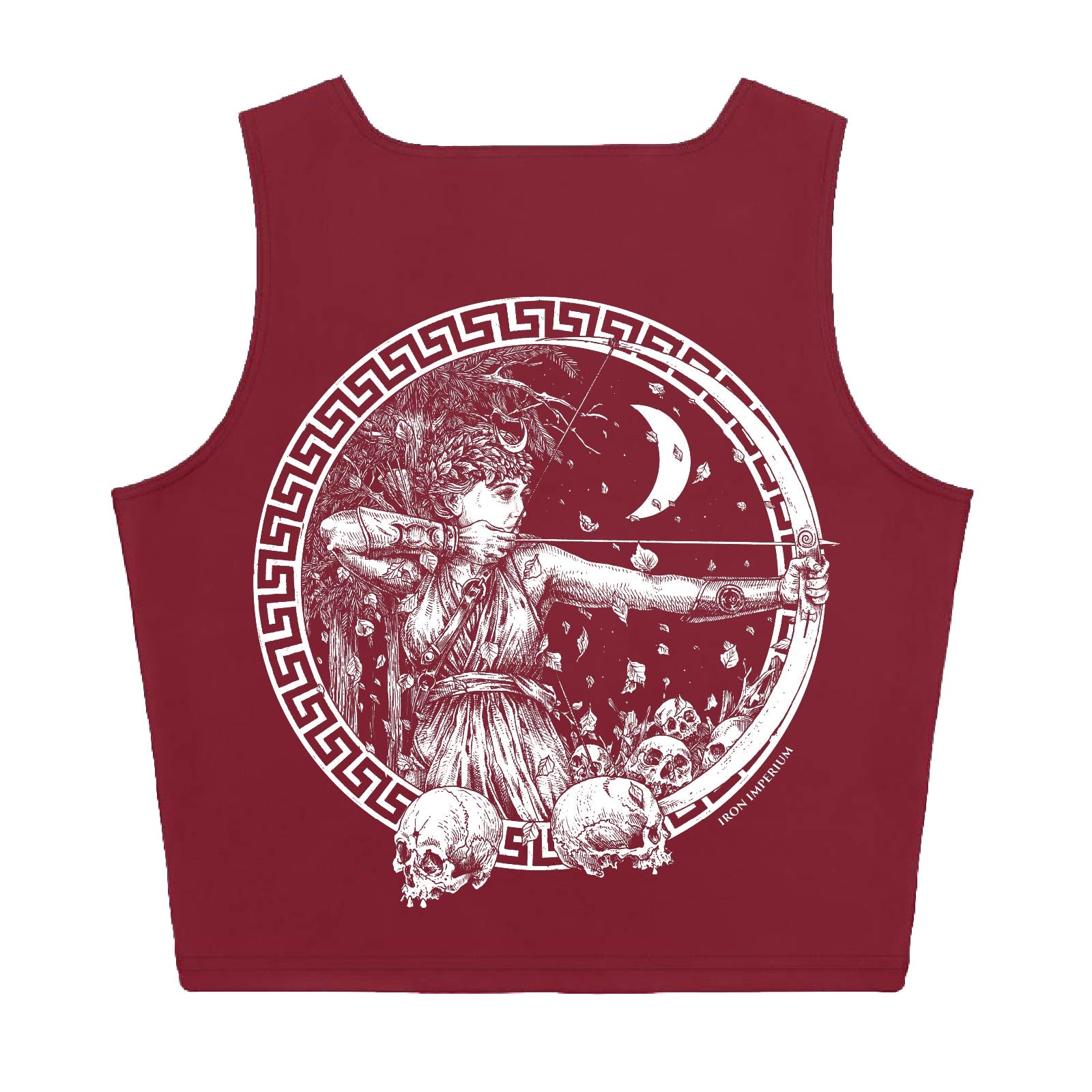 Dark red cropped top with the Diana Huntress design in a bold, graphic style