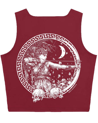 Dark red cropped top with the Diana Huntress design in a bold, graphic style