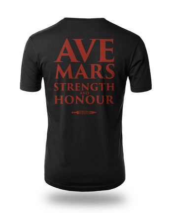 Mars The Vengeful Strength and Honour black t-shirt left chest dark red design