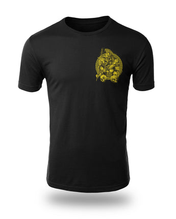 Mars The Vengeful Strength and Honour black t-shirt left chest yellow design